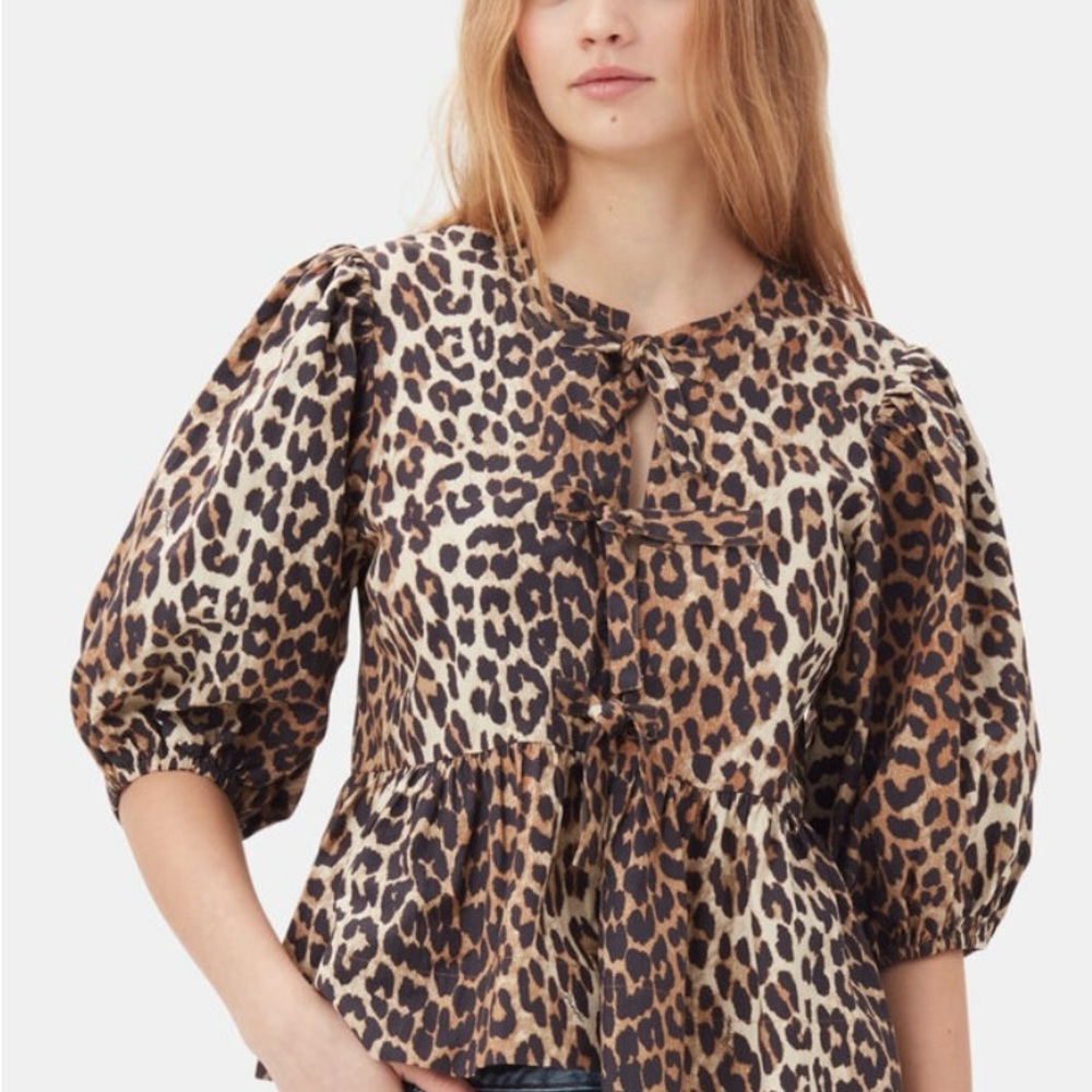 Gianni Leopard Cotton Poplin Peplum Tie Blouse, Size 20